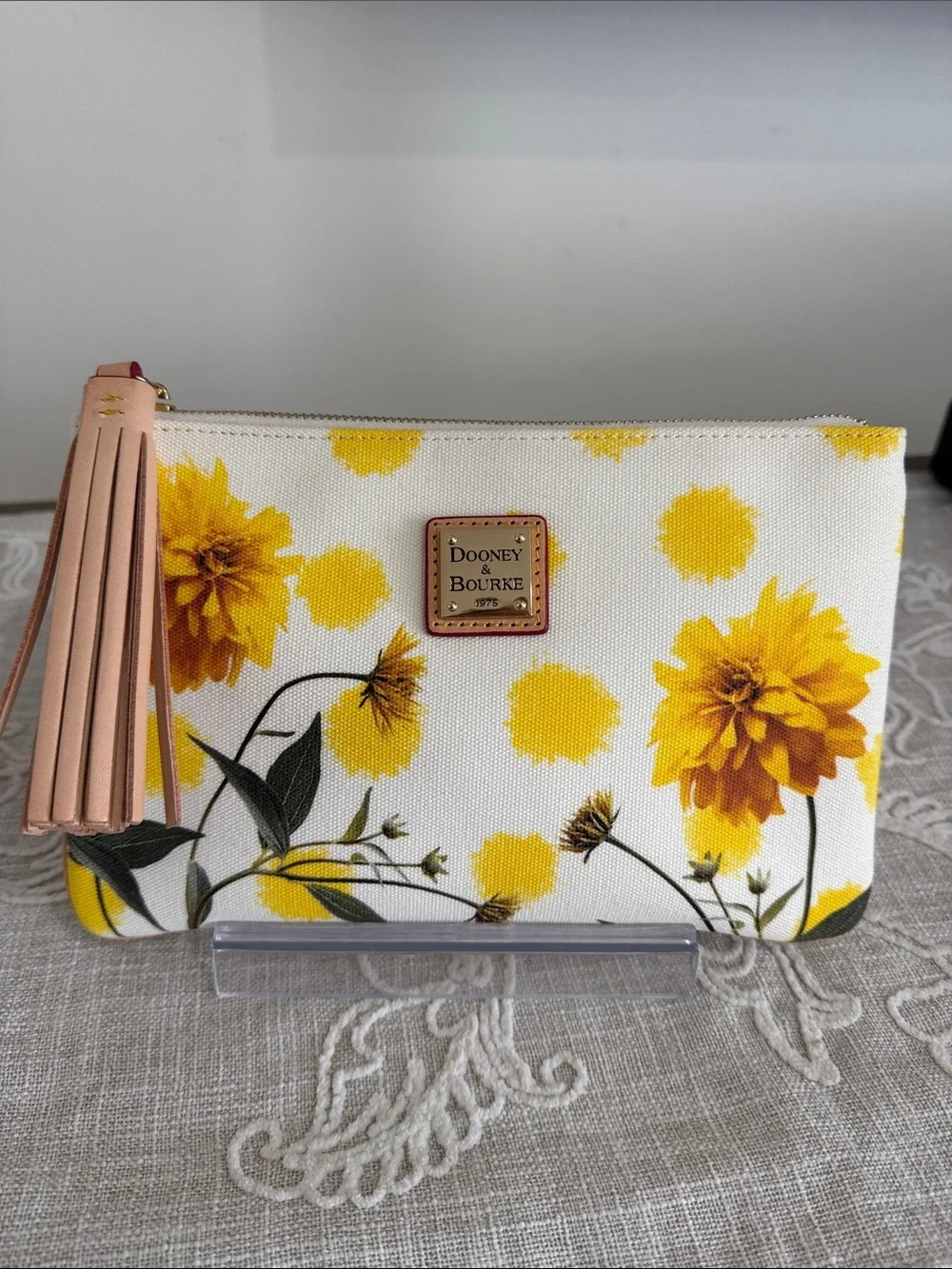 Dooney & Bourke Yellow Dahlia Floral Canvas Clutch w/Beige Leather Tassel/Trim